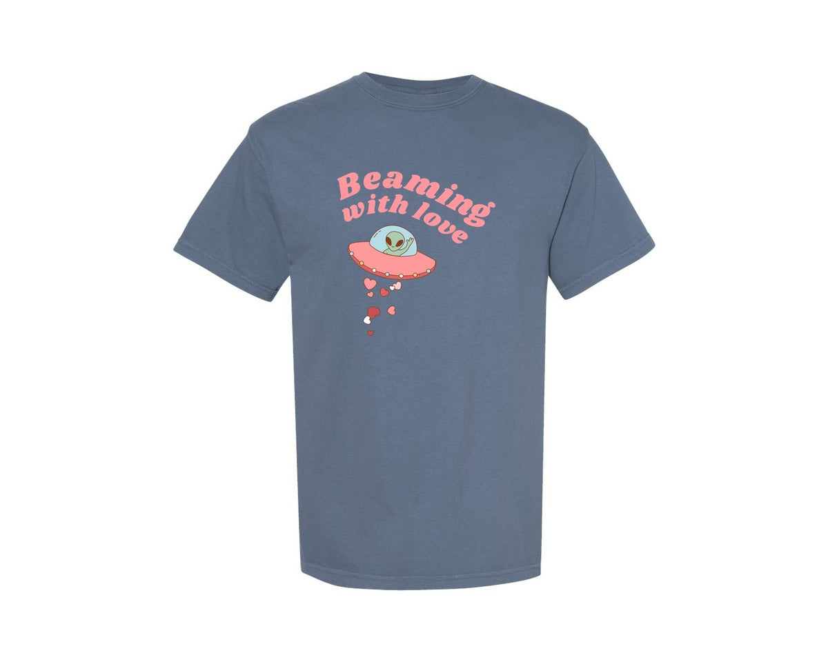 brand:Comfort Colors|color:Blue Jean|Beaming With Love Ufo Romantic Alien Graphic T-Shirt
