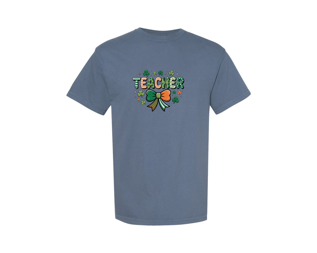 brand:Comfort Colors|color:Blue Jean|St Patrick Teacher Bow Design Graphic T-Shirt