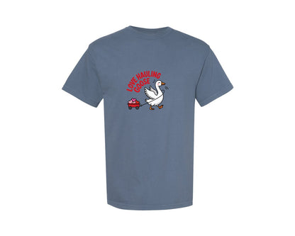 brand:Comfort Colors|color:Blue Jean|Love Hauling Goose Valentine Wagon Graphic T-Shirt