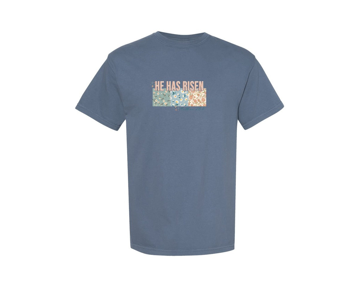 brand:Comfort Colors|color:Blue Jean|Floral Christian Easter Patchwork Graphic T-Shirt