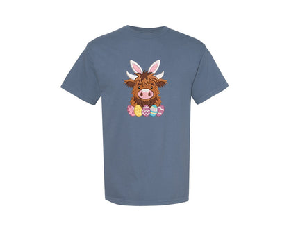 brand:Comfort Colors|color:Blue Jean|Cute Easter Highland Cow Easter Graphic T-Shirt