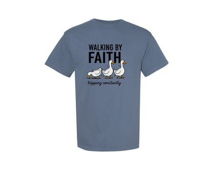 brand:Comfort Colors|color:Blue Jean|Walking By Faith Tripping Constantly 9 Graphic T-Shirt