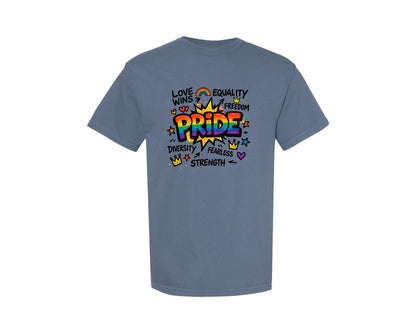 brand:Comfort Colors|color:Blue Jean|Pride Rainbow Typography 2 Graphic T-Shirt