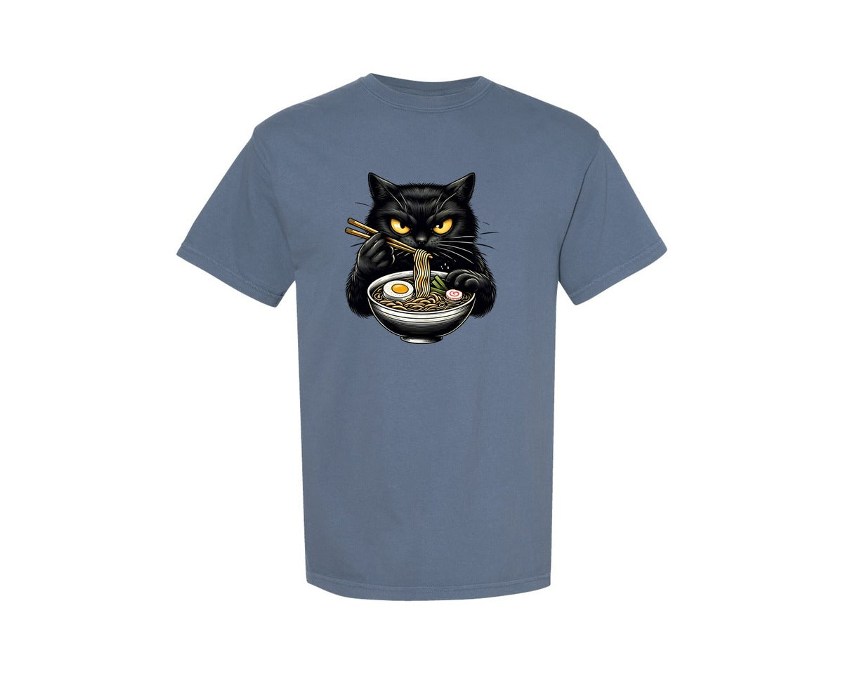brand:Comfort Colors|color:Blue Jean|Cute Black Cat Eating Ramen Noodle 3 Graphic T-Shirt