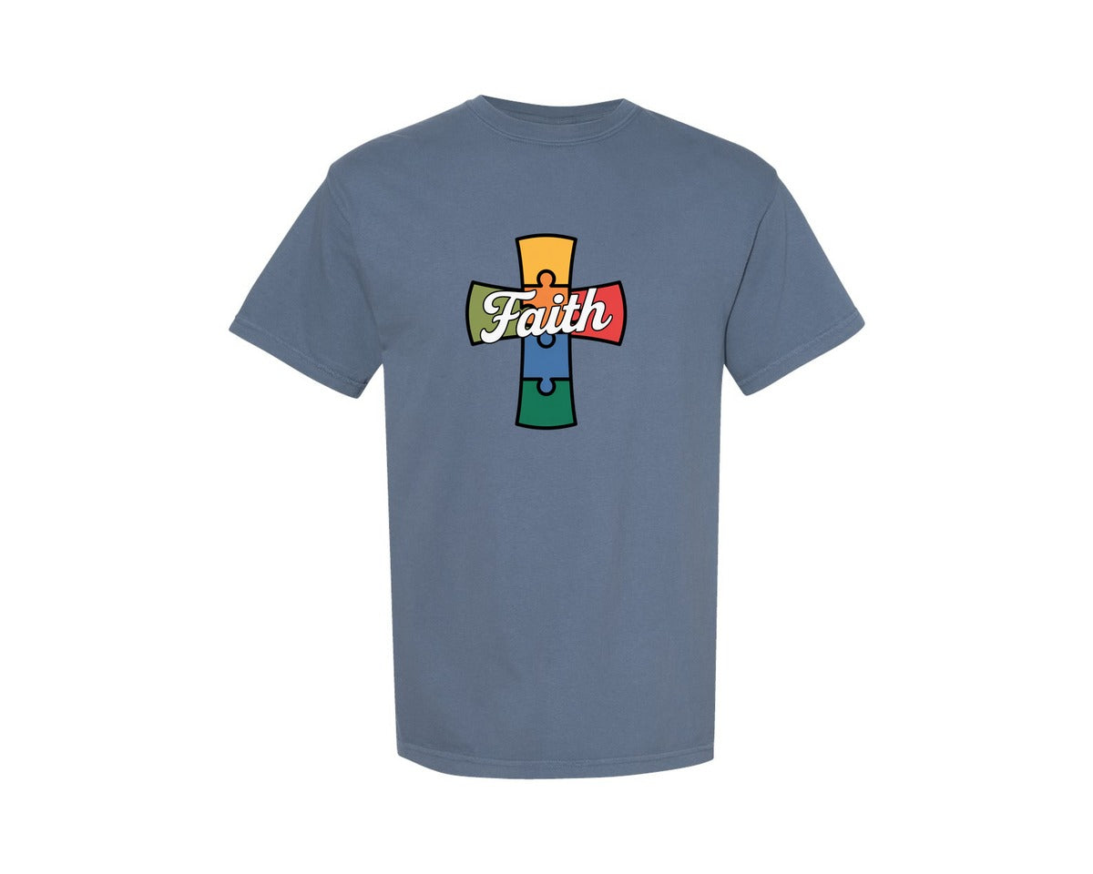 brand:Comfort Colors|color:Blue Jean|Autism Faith Cross Puzzle Cross Graphic T-Shirt