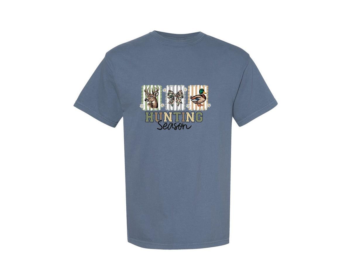 brand:Comfort Colors|color:Blue Jean|Hunting Season Preppy Camo Bow Graphic T-Shirt