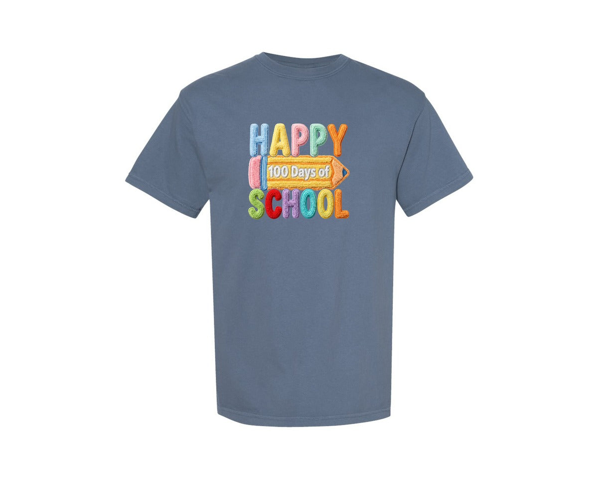 brand:Comfort Colors|color:Blue Jean|Faux Yarn Happy 100 Days Of School 4 Graphic T-Shirt