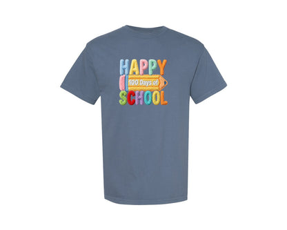 brand:Comfort Colors|color:Blue Jean|Faux Yarn Happy 100 Days Of School 4 Graphic T-Shirt