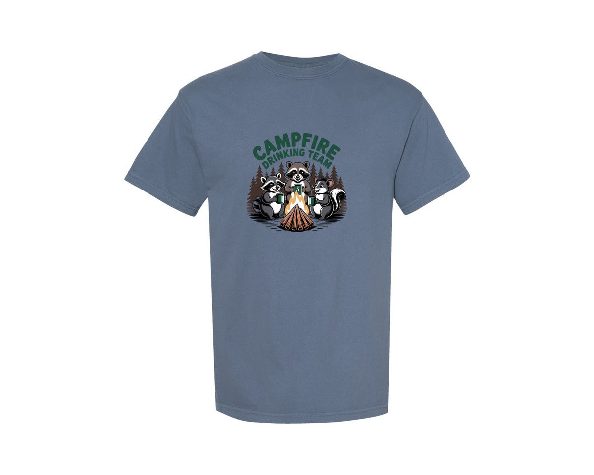 brand:Comfort Colors|color:Blue Jean|Campfire Drinking Team Raccoon Camp Graphic T-Shirt
