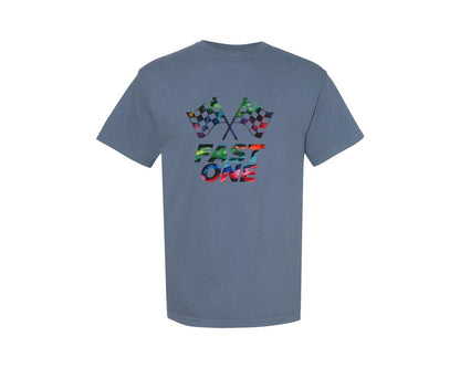 brand:Comfort Colors|color:Blue Jean|Checkered Racing Flags Fast One Graphic T-Shirt