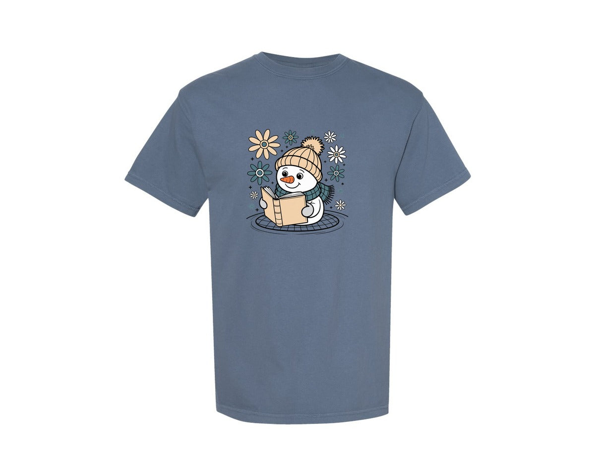 brand:Comfort Colors|color:Blue Jean|Christmas Book Snowman Funny Graphic T-Shirt