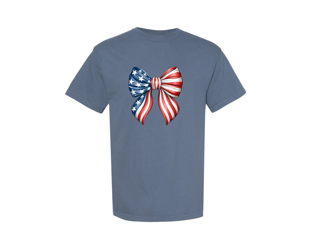 brand:Comfort Colors|color:Blue Jean|Patriotic Bow American Flag Graphic T-Shirt