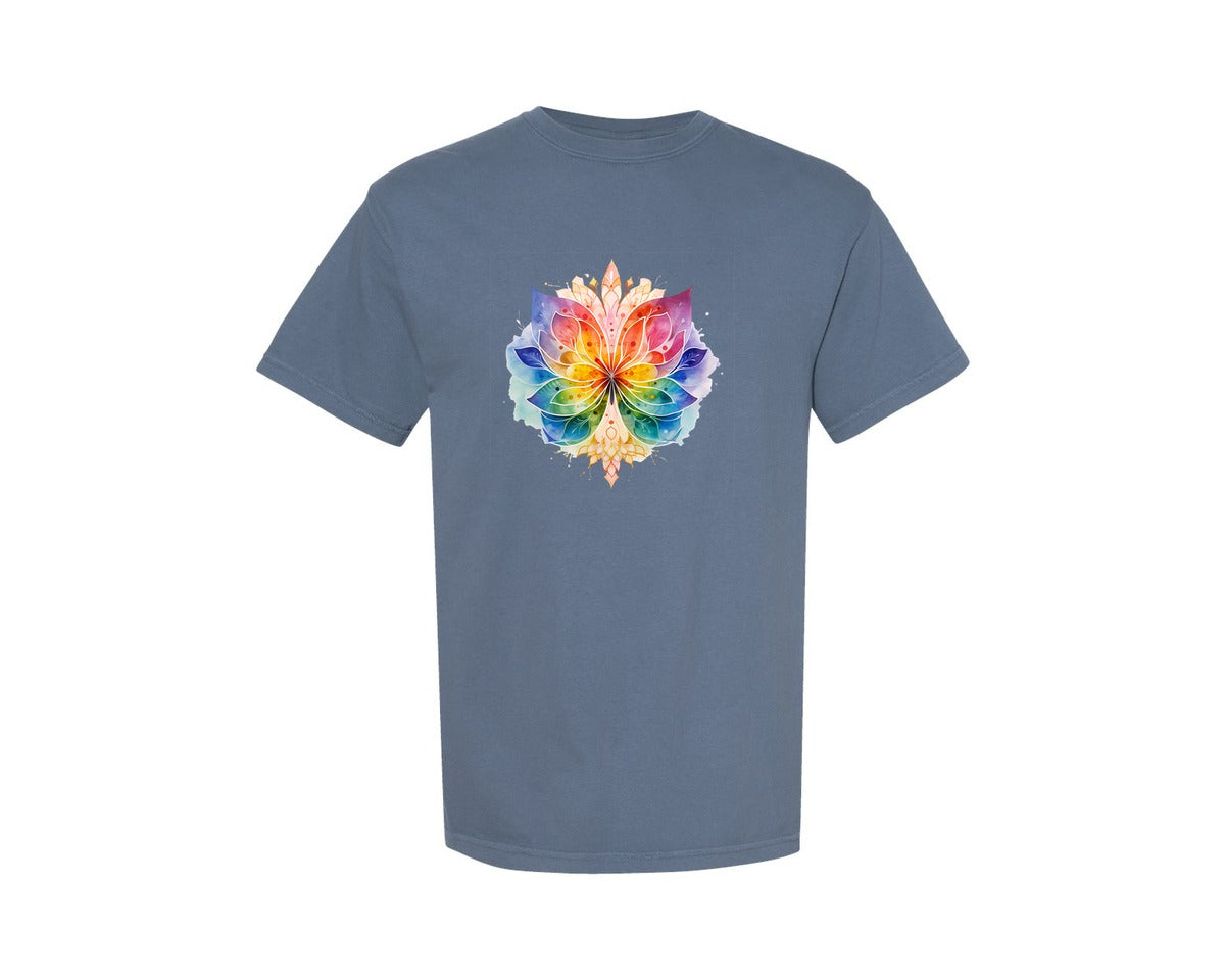 brand:Comfort Colors|color:Blue Jean|Retro Zen Lotus Flower Butterfly Rainbow Graphic T-Shirt