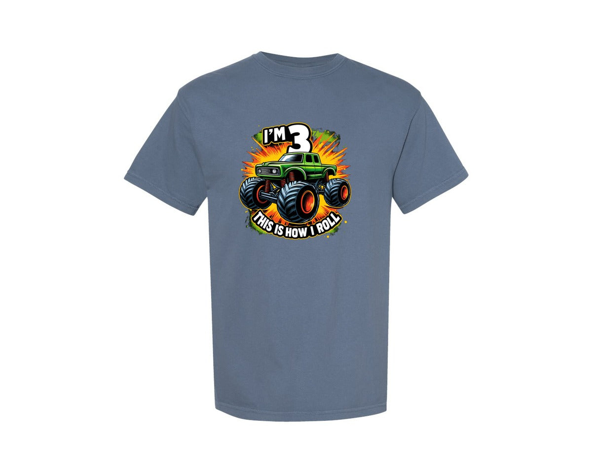 brand:Comfort Colors|color:Blue Jean|Kids Im 3 Monster Truck 3Rd Graphic T-Shirt