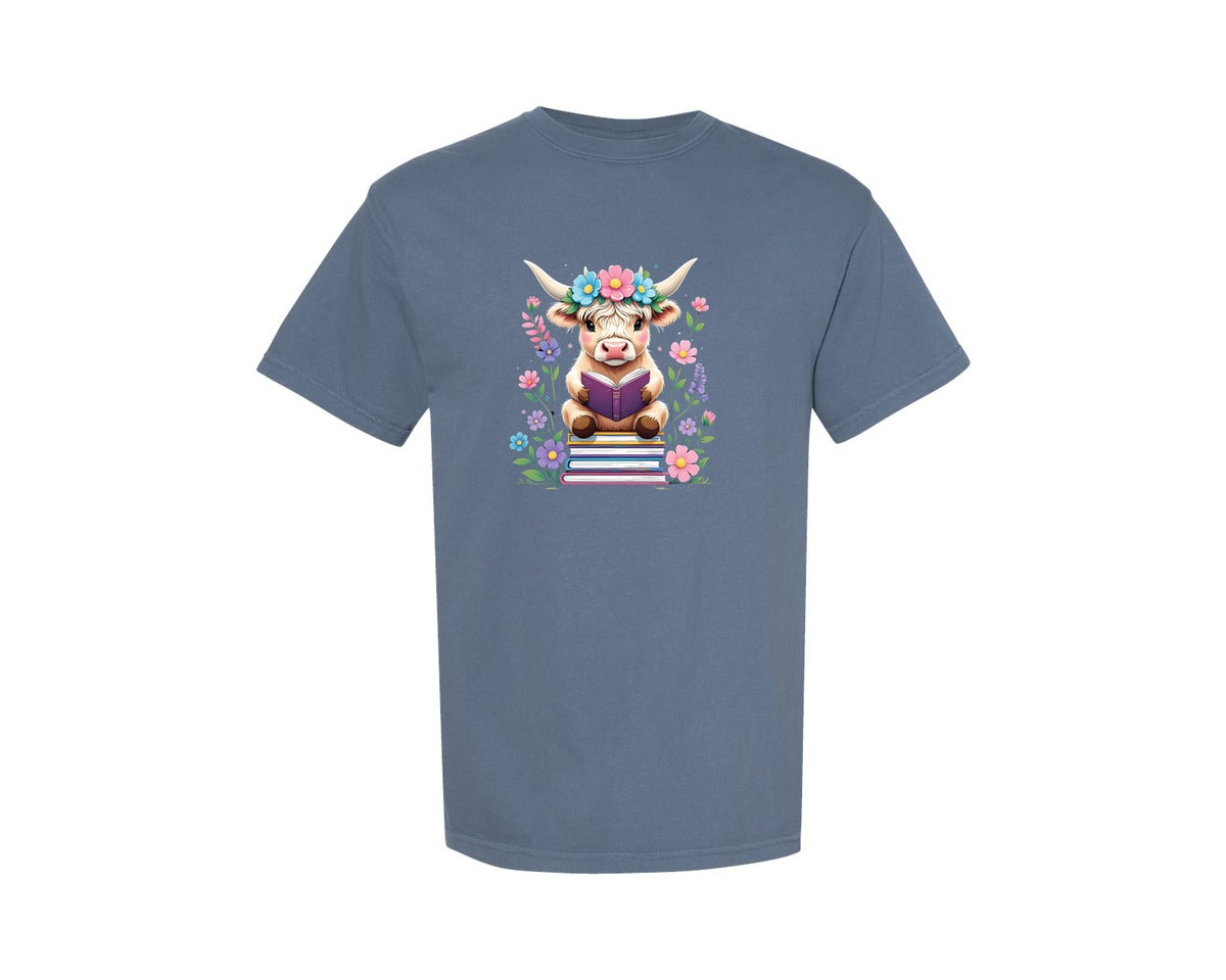 brand:Comfort Colors|color:Blue Jean|Cute Reading Highland Cow Floral Book Graphic T-Shirt