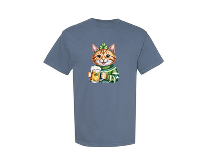 brand:Comfort Colors|color:Blue Jean|St Patricks Day Cat Funny Cat Beer Graphic T-Shirt