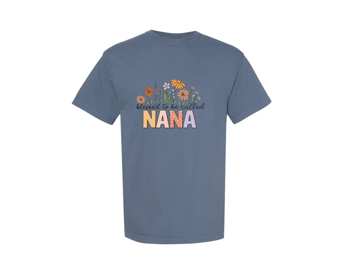 brand:Comfort Colors|color:Blue Jean|Blessed To Be Called Nana Floral Graphic T-Shirt