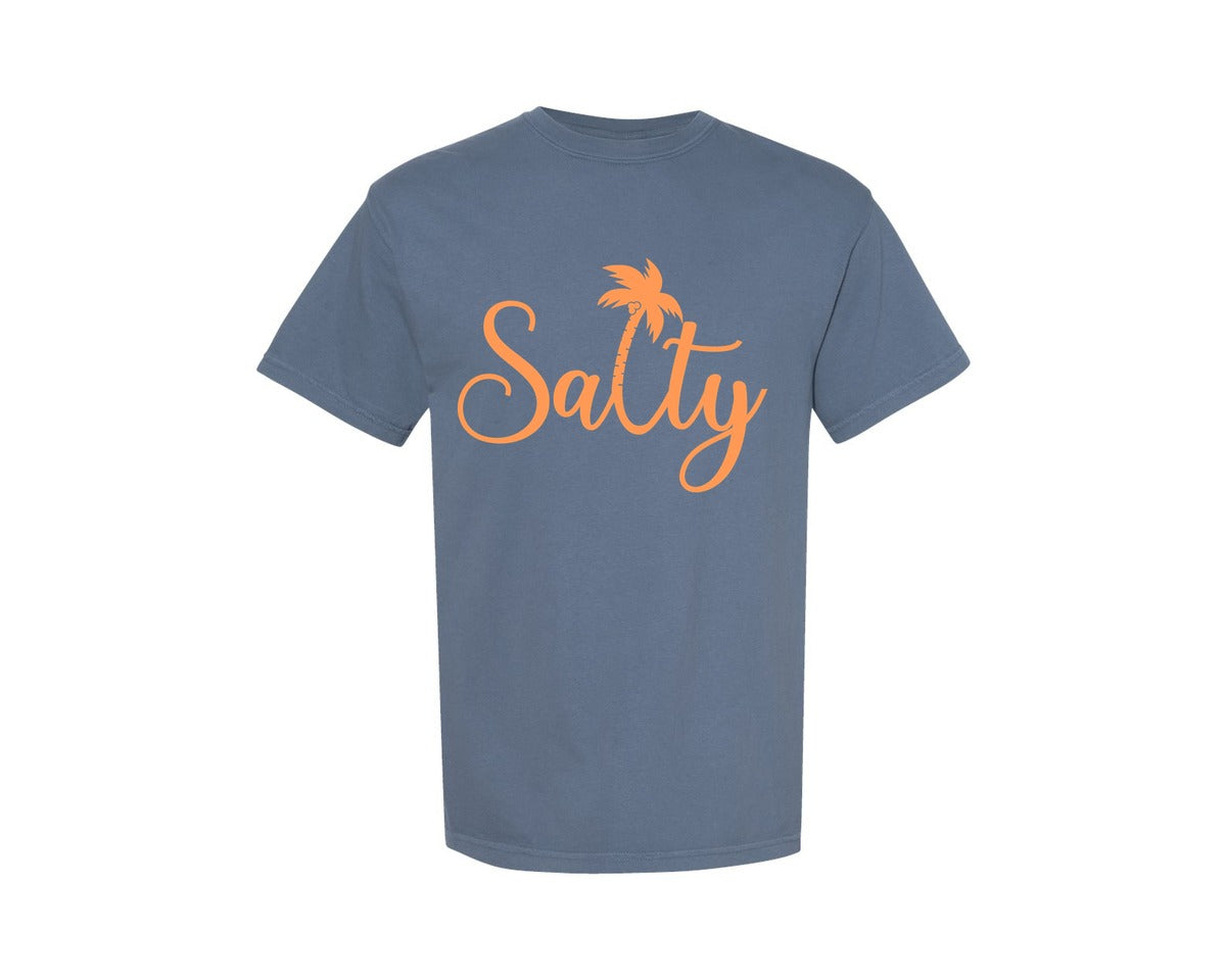 brand:Comfort Colors|color:Blue Jean|Salty With Palm Tree Graphic T-Shirt