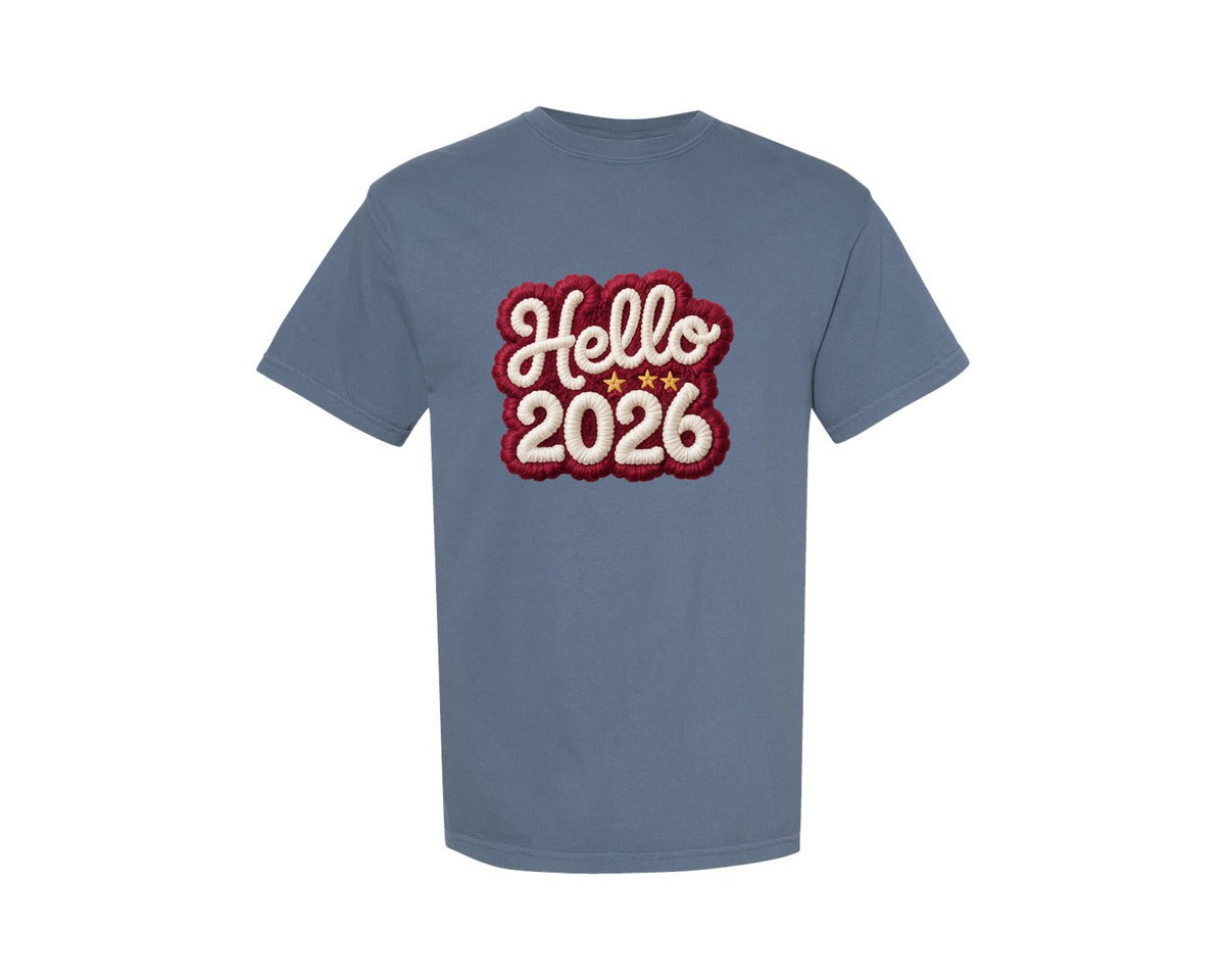 brand:Comfort Colors|color:Blue Jean|Knitted Hello 2026 Heart New Year Graphic T-Shirt