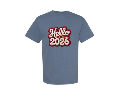 brand:Comfort Colors|color:Blue Jean|Knitted Hello 2026 Heart New Year Graphic T-Shirt