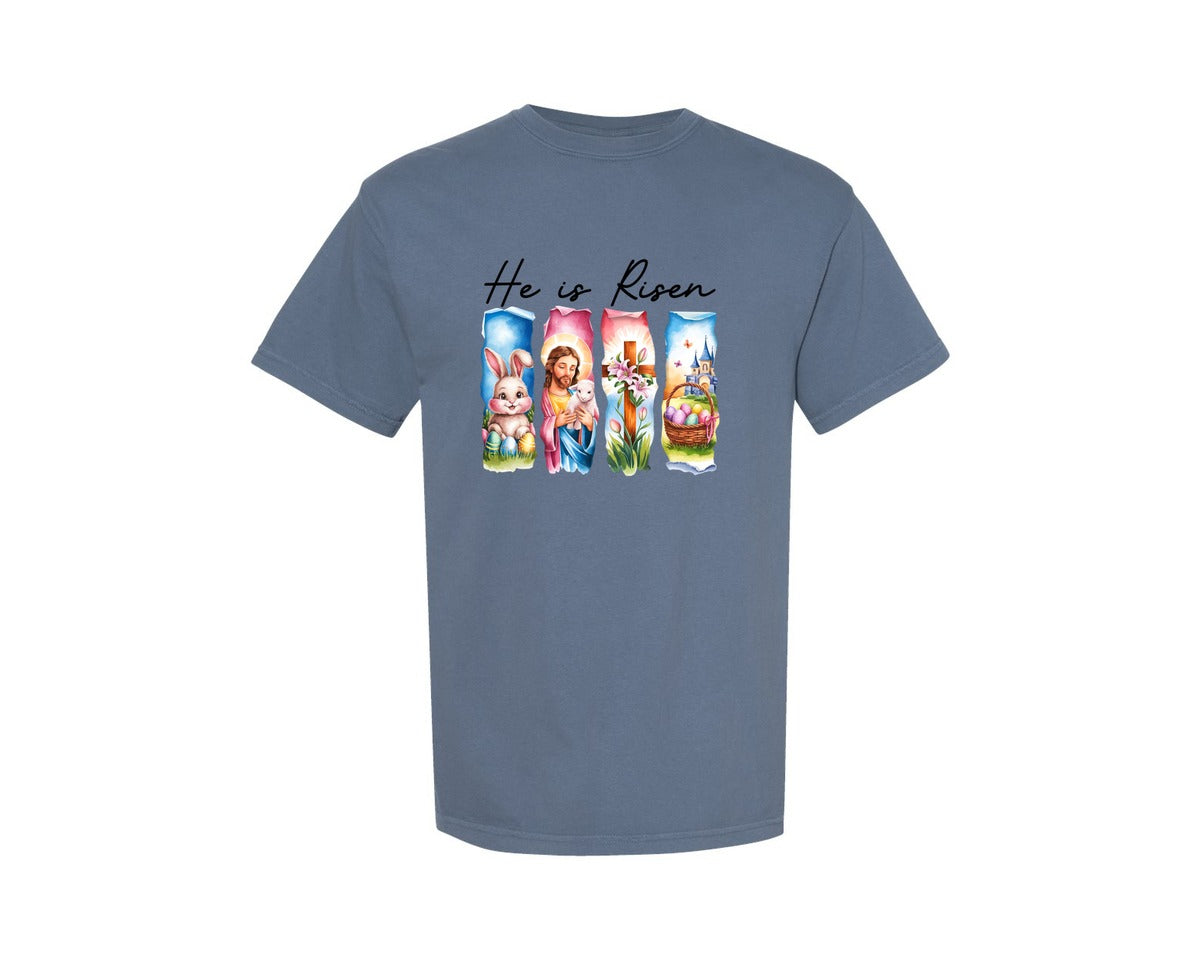 brand:Comfort Colors|color:Blue Jean|He Is Risen Easter Jesus Christian Graphic T-Shirt