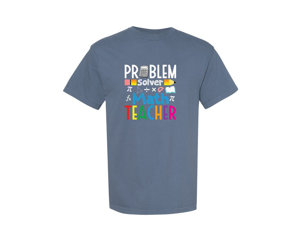 brand:Comfort Colors|color:Blue Jean|Problem Solver Math Teacher Retro Tshirt Graphic T-Shirt