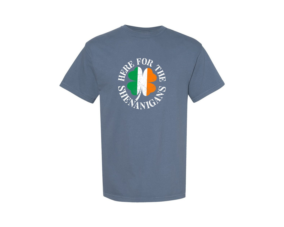 brand:Comfort Colors|color:Blue Jean|Rish Flag Shamrock Here For Shenanigans Graphic T-Shirt