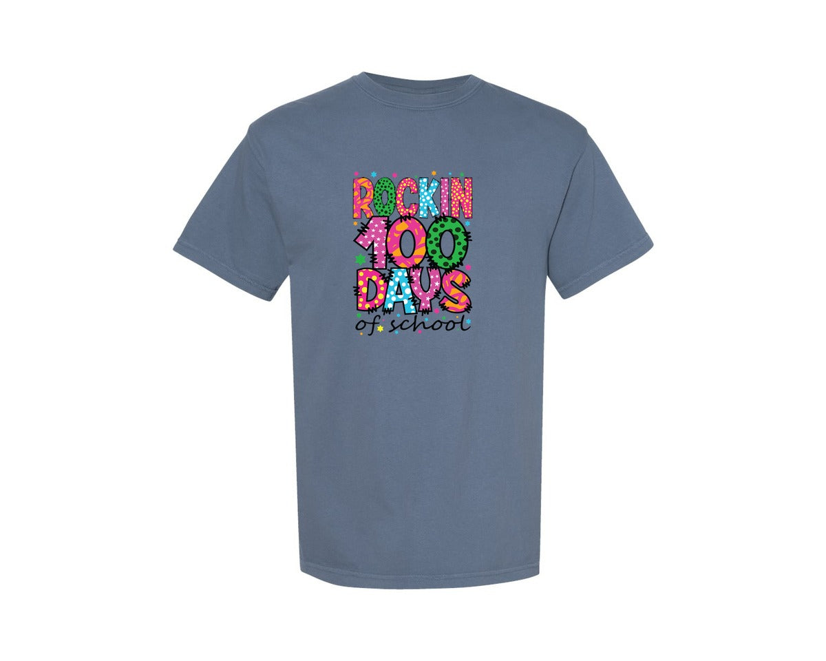 brand:Comfort Colors|color:Blue Jean|Rocking 100 Days Of School Graphic T-Shirt