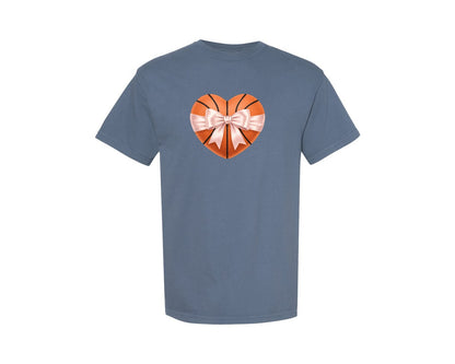 brand:Comfort Colors|color:Blue Jean|Heart Shape Basketball Coquette Bow Graphic T-Shirt