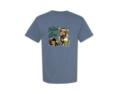 brand:Comfort Colors|color:Blue Jean|St Patricks Day Highland Cow 18 Graphic T-Shirt