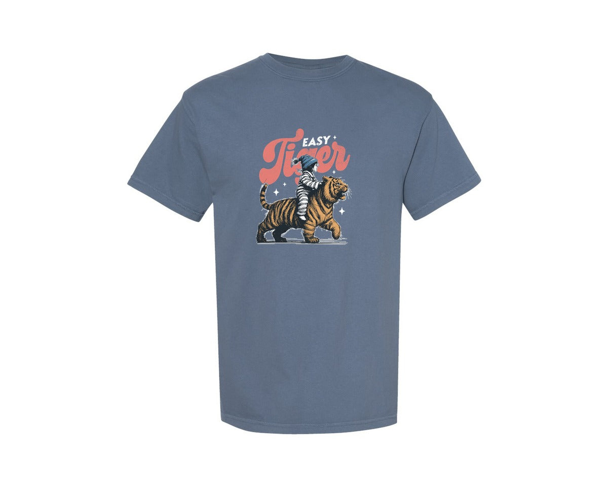 brand:Comfort Colors|color:Blue Jean|Retro Little Girl Ride Tiger Shirt Graphic T-Shirt