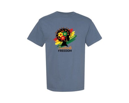 brand:Comfort Colors|color:Blue Jean|Afro Messy Bun Juneteenth Juneteent Graphic T-Shirt