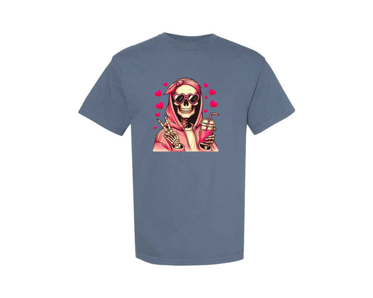 brand:Comfort Colors|color:Blue Jean|Valentine Skeleton Retro Valentine Graphic T-Shirt