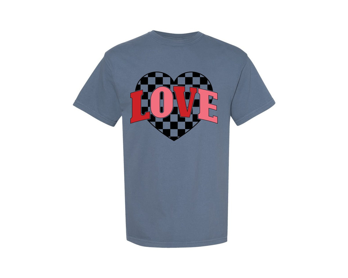 brand:Comfort Colors|color:Blue Jean|Checkered Heart Love Valentines Day Graphic T-Shirt
