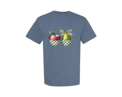 brand:Comfort Colors|color:Blue Jean|Retro Checkered Coquette Apple Pear Graphic T-Shirt