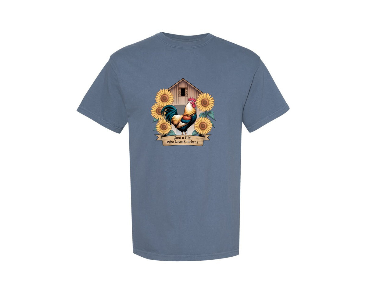 brand:Comfort Colors|color:Blue Jean|Just A Girl Who Loves Chickens 8 Graphic T-Shirt
