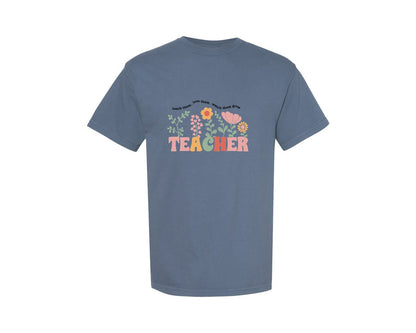 brand:Comfort Colors|color:Blue Jean|Floral Teacher Boho Style Graphic T-Shirt