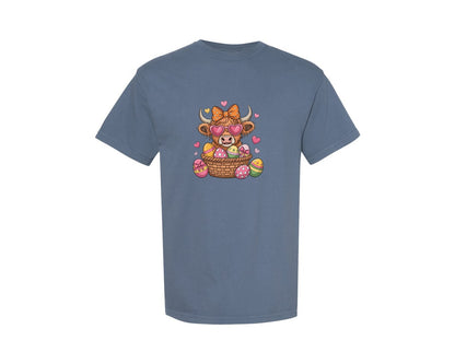 brand:Comfort Colors|color:Blue Jean|Cute Easter Day Highland Cow Graphic T-Shirt