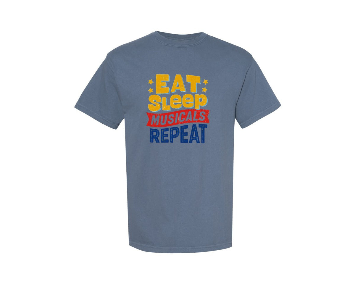 brand:Comfort Colors|color:Blue Jean|Eat Sleep Musicals Repeat T Shirt Design Graphic T-Shirt