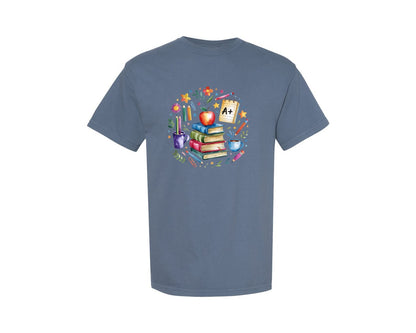 brand:Comfort Colors|color:Blue Jean|Boho School Teacher Book Flowers Graphic T-Shirt