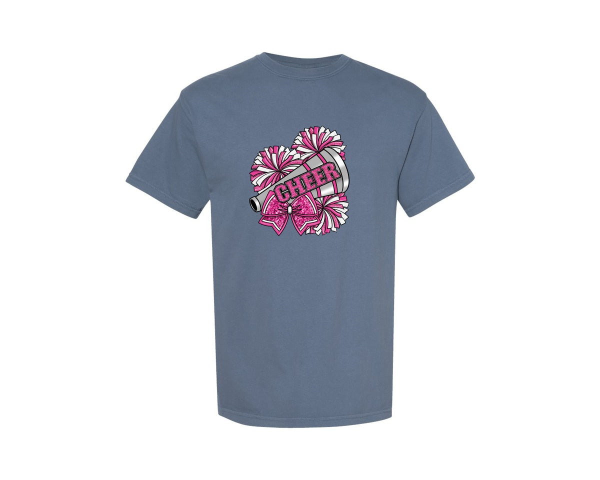 brand:Comfort Colors|color:Blue Jean|Cheer Pink Glitter Pom Poms Bow Graphic T-Shirt