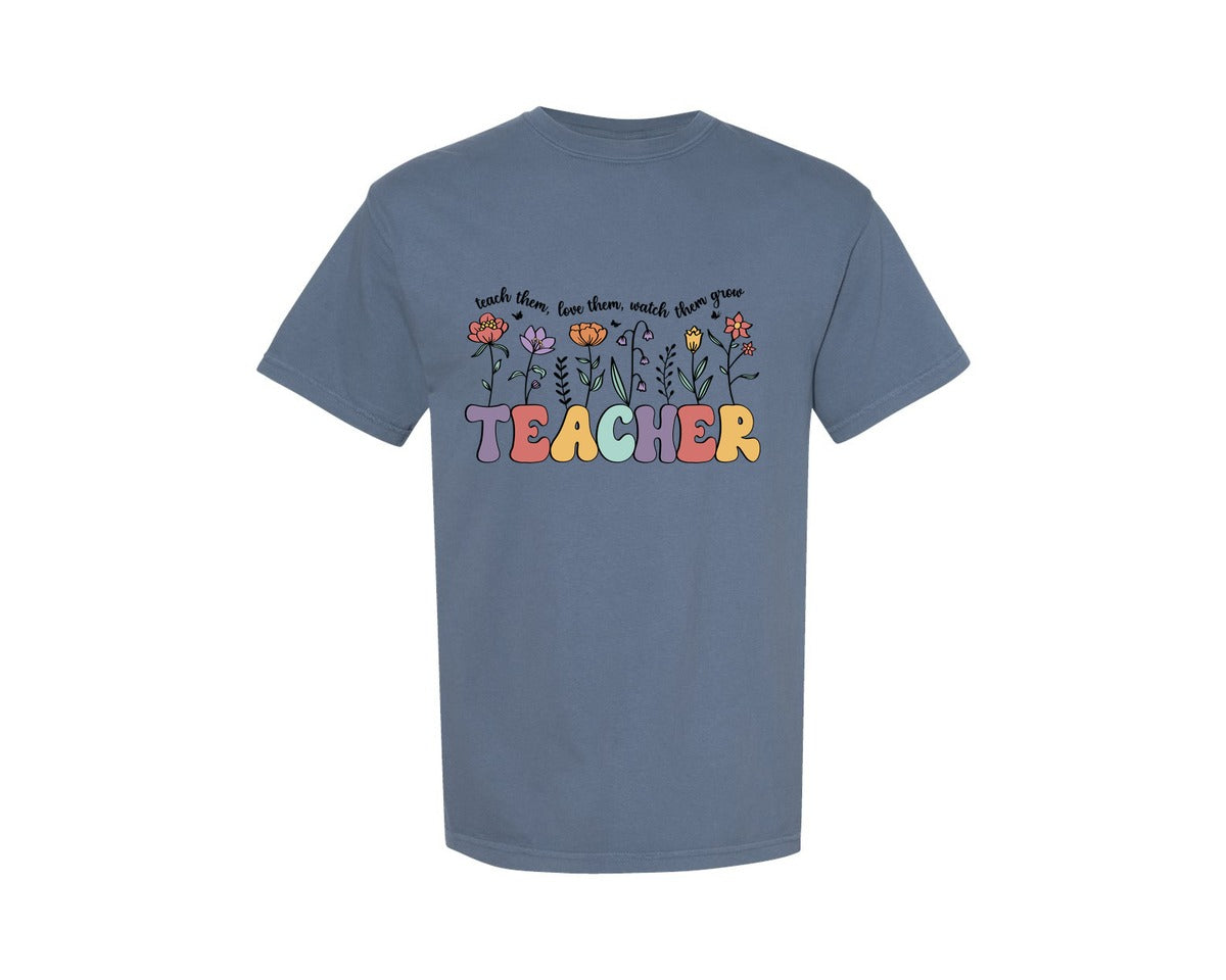 brand:Comfort Colors|color:Blue Jean|Retro Teacher Flower Floral Design Graphic T-Shirt