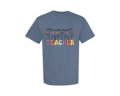 brand:Comfort Colors|color:Blue Jean|Retro Teacher Flower Floral Design Graphic T-Shirt