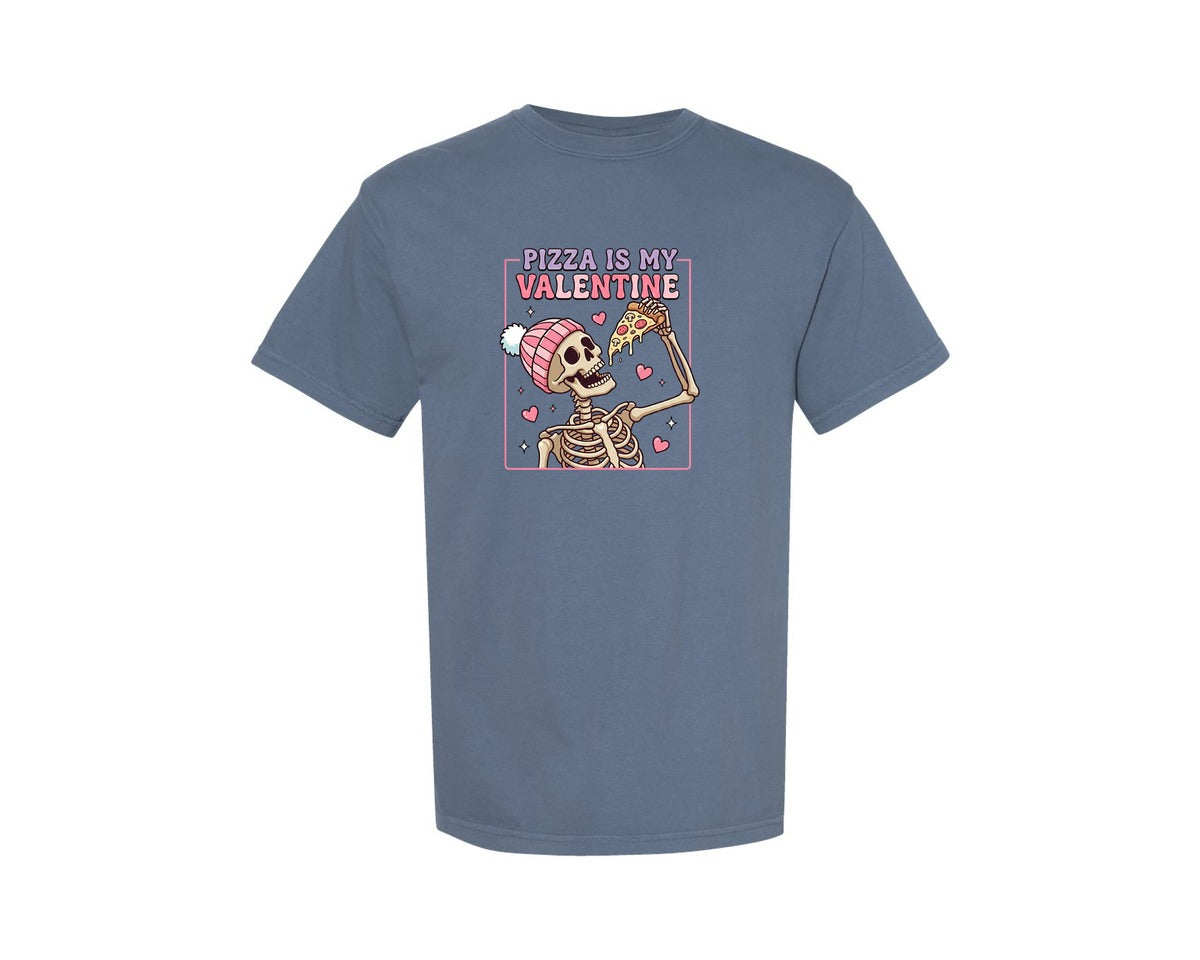 brand:Comfort Colors|color:Blue Jean|Pizza Is My Valentine Skeleton Graphic T-Shirt