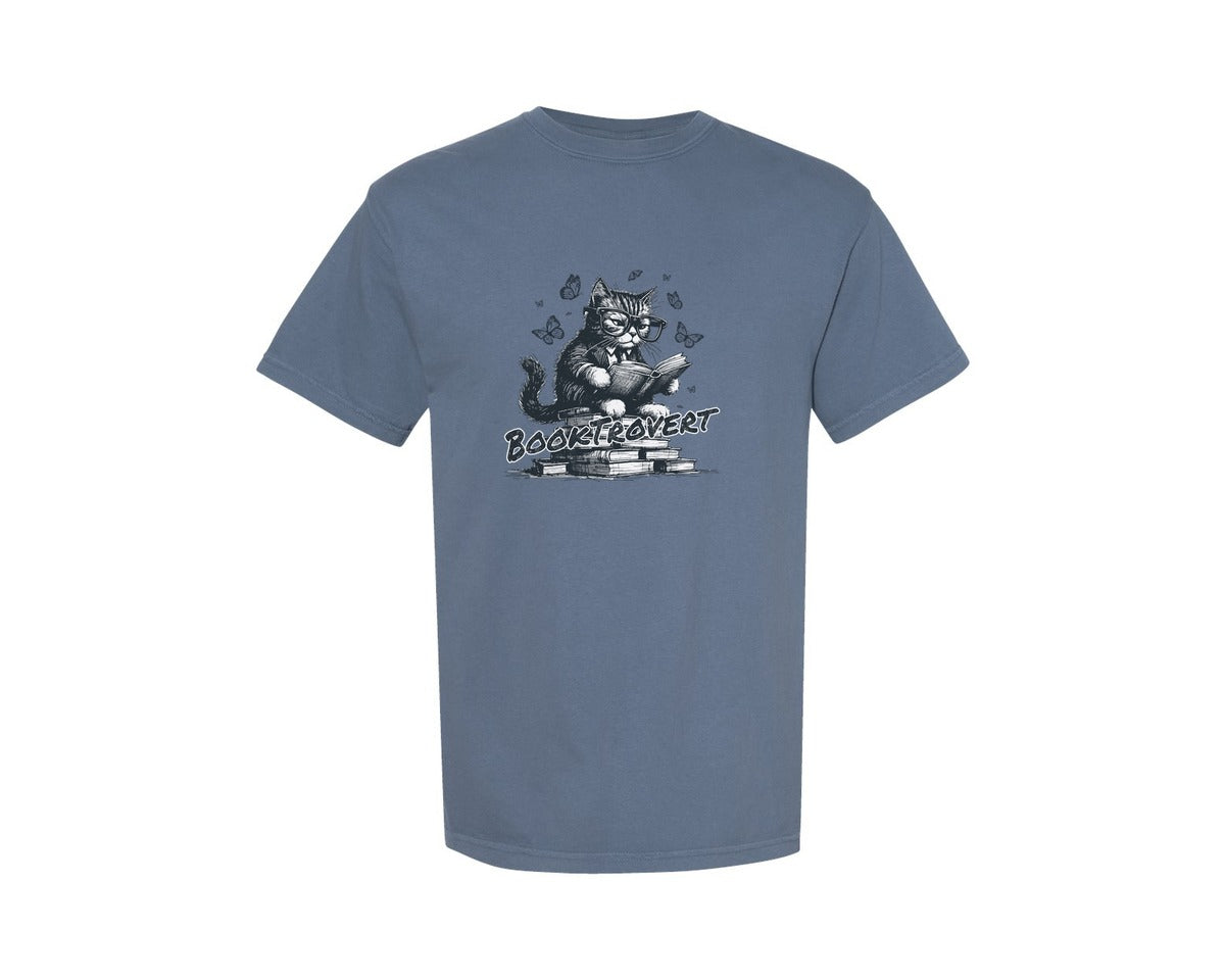 brand:Comfort Colors|color:Blue Jean|Book Trovert Reading Cat Shirt Graphic T-Shirt