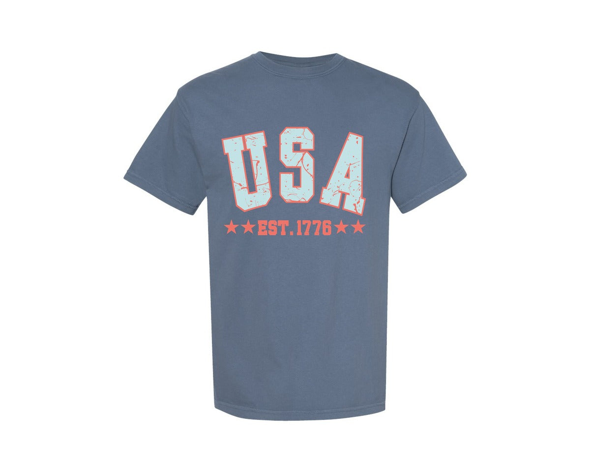 brand:Comfort Colors|color:Blue Jean|Retro Usa America Est 1776 Grunge Graphic T-Shirt