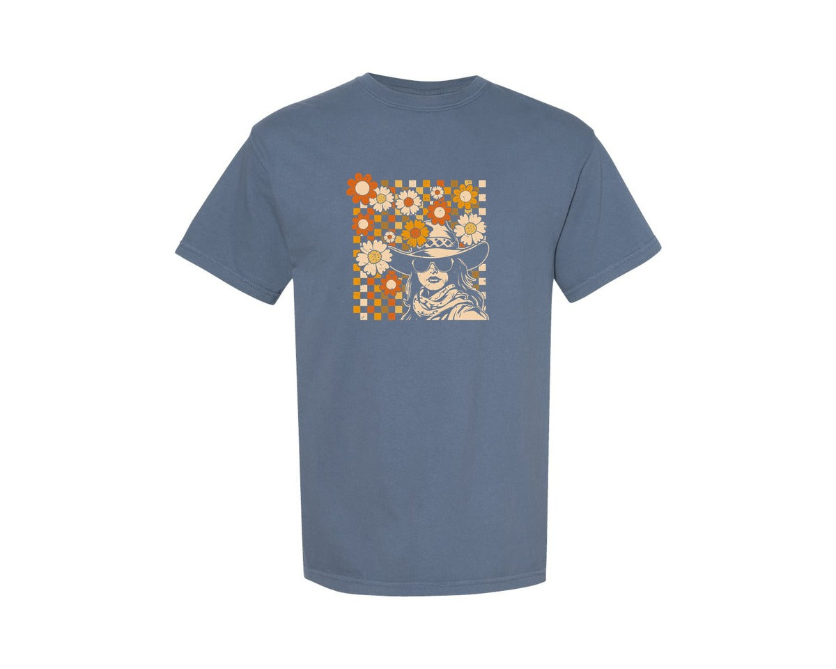 brand:Comfort Colors|color:Blue Jean|Retro Checkered Groovy Cowgirl Graphic T-Shirt