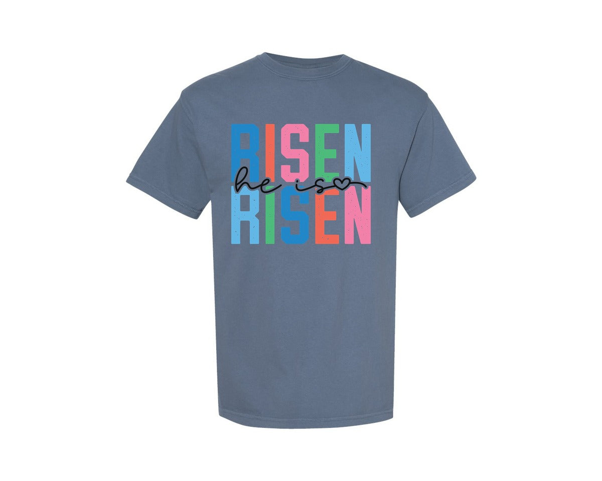 brand:Comfort Colors|color:Blue Jean|He Is Risen Risen Retro Easter Graphic T-Shirt