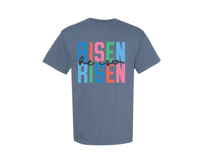 brand:Comfort Colors|color:Blue Jean|He Is Risen Risen Retro Easter Graphic T-Shirt