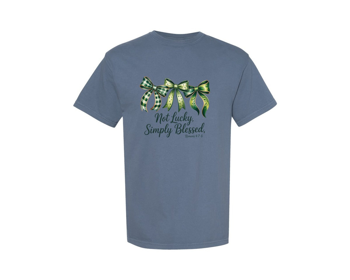 brand:Comfort Colors|color:Blue Jean|Not Lucky Simply Blessed Lucky Bow 2 Graphic T-Shirt